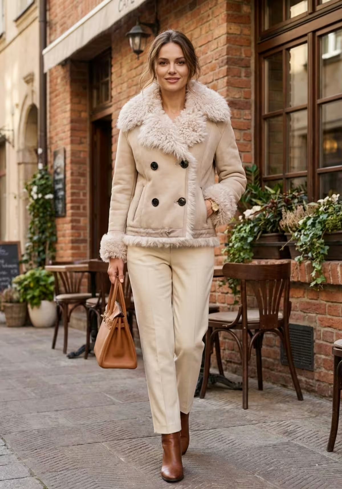 Luxuriöse Curly Lammfelljacke in Creme-Beige Modell 1043