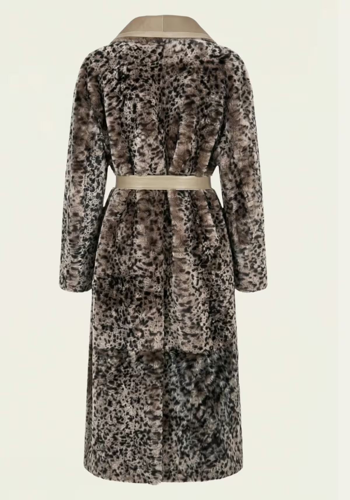 Luxurious Reversible Shearling Coat with Leopard Print – Taupe & Sand – Model 1987