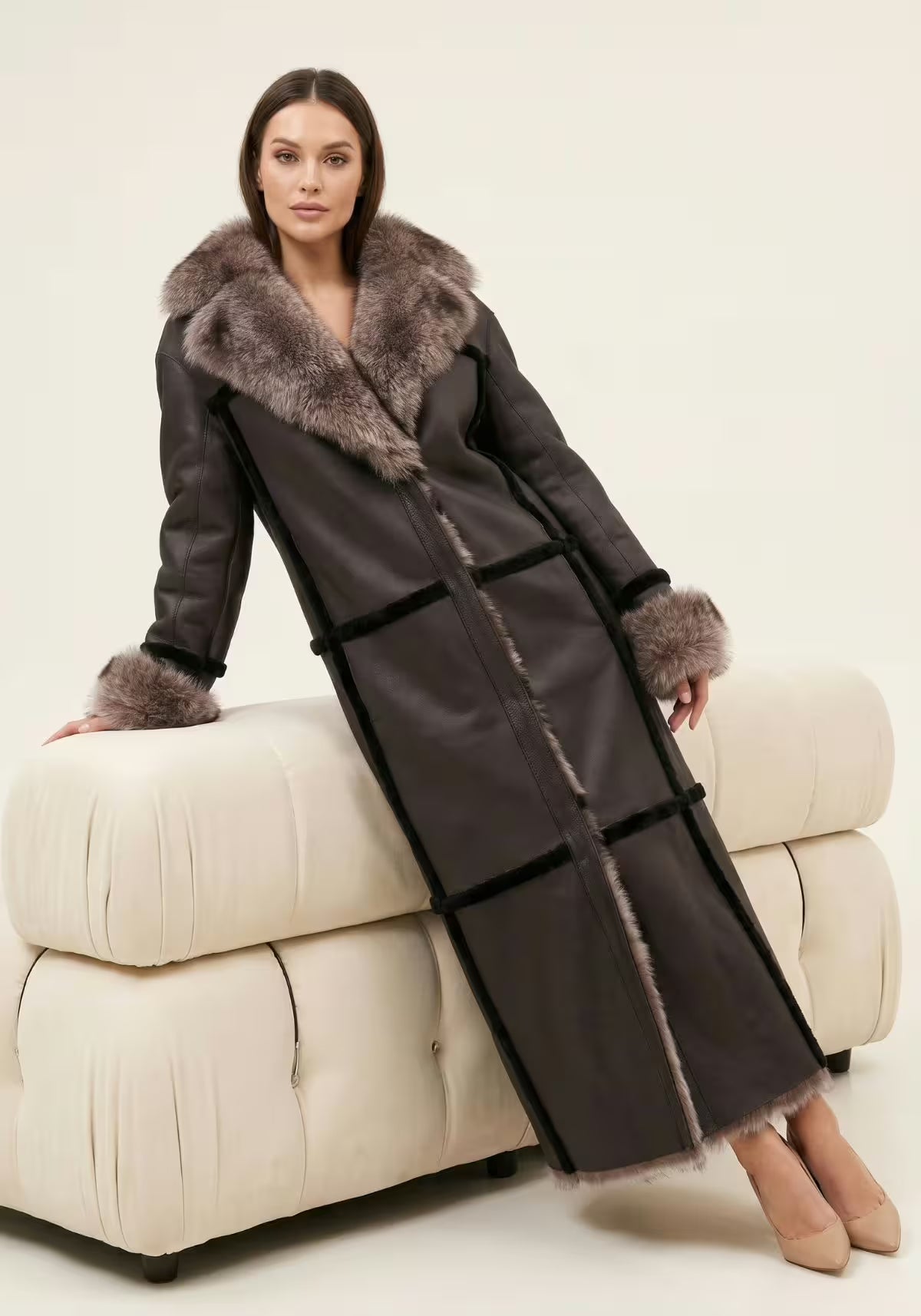 Luxurious Toscana Shearling Reversible Coat Taupe & Espresso – Model 1055