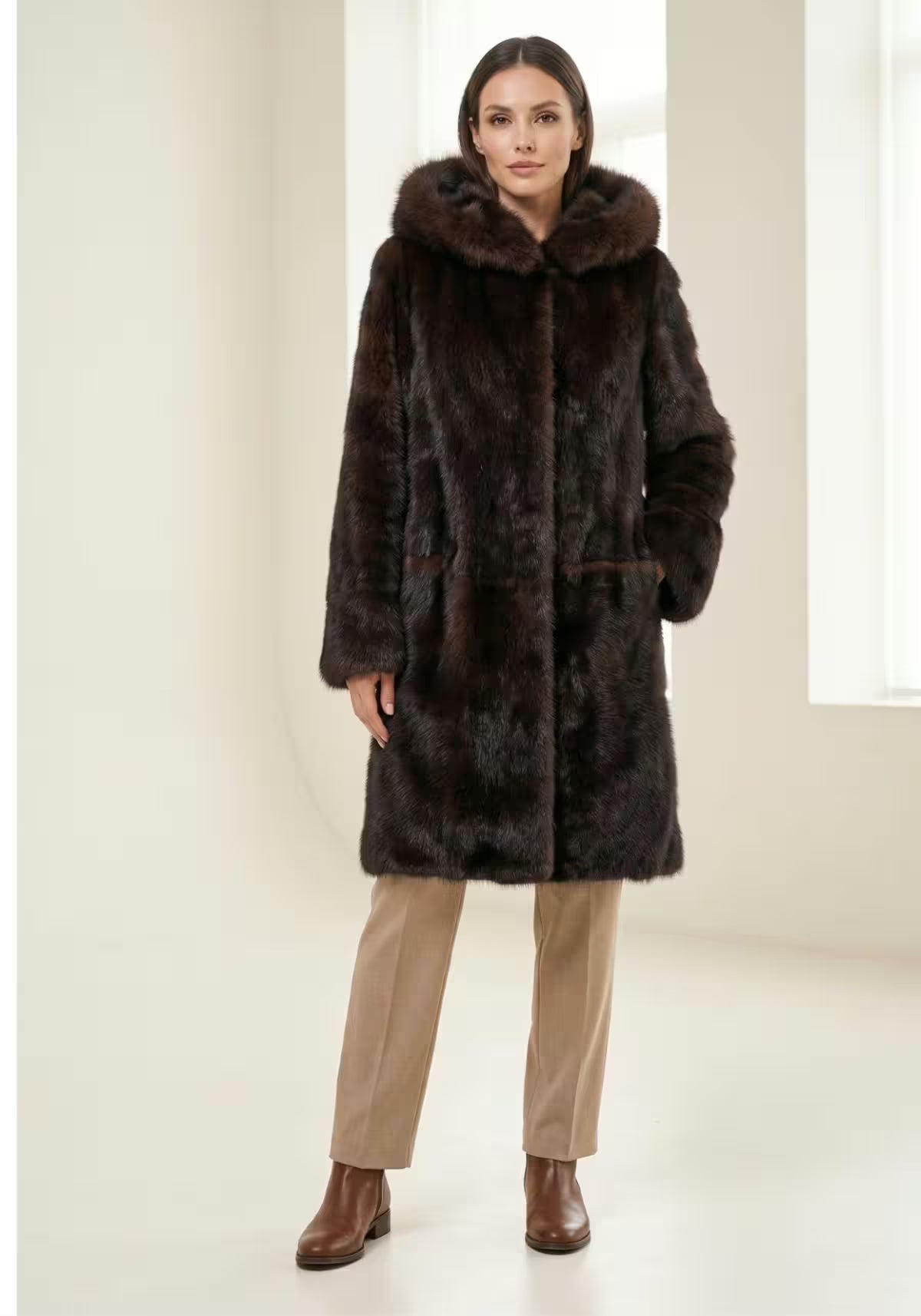 Luxurious Toscana Lambskin Reversible Coat with Hood – Brown Model 1095