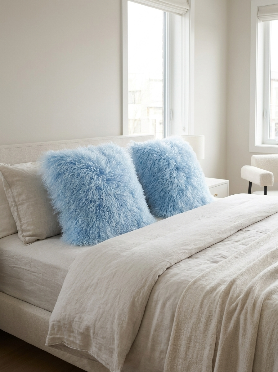 Tibetan Lambskin Pillow Sky Blue with Filling