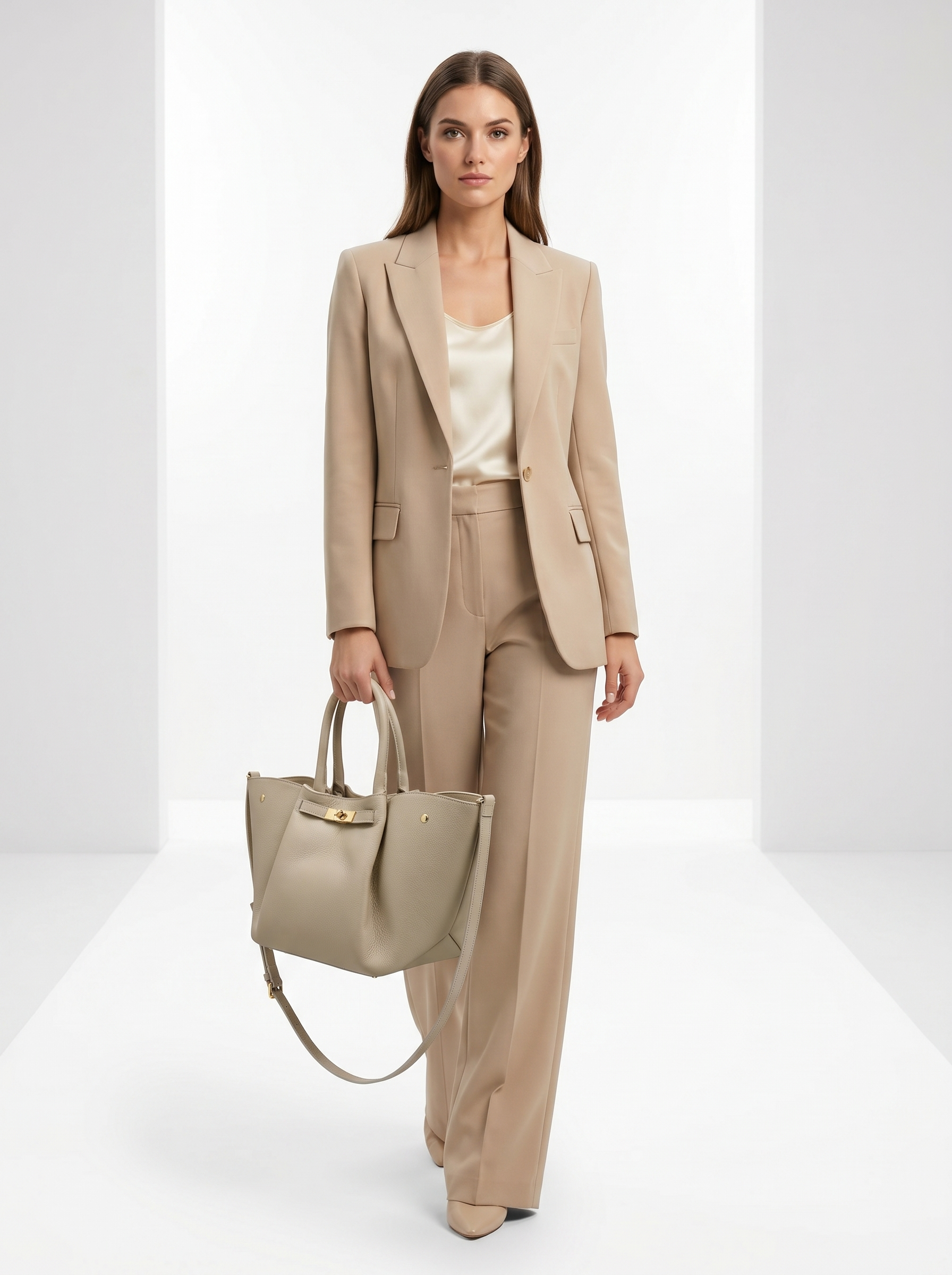 Luxury Ladies' Handbag Genuine Leather Cream Beige