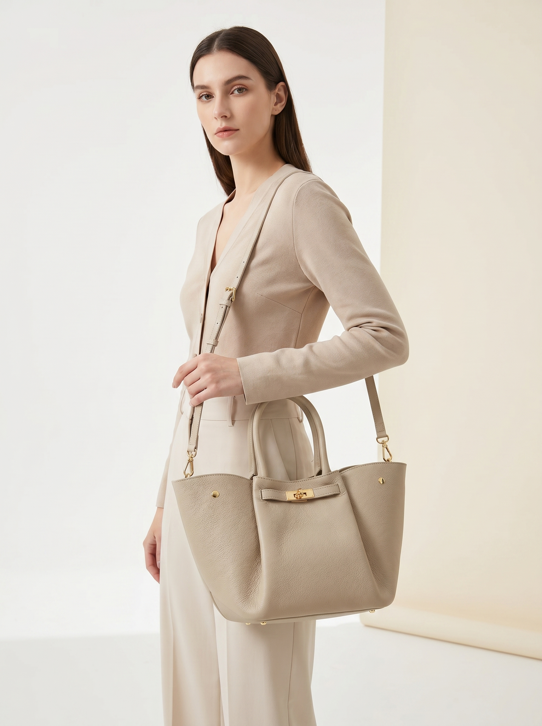 Luxury Ladies' Handbag Genuine Leather Cream Beige