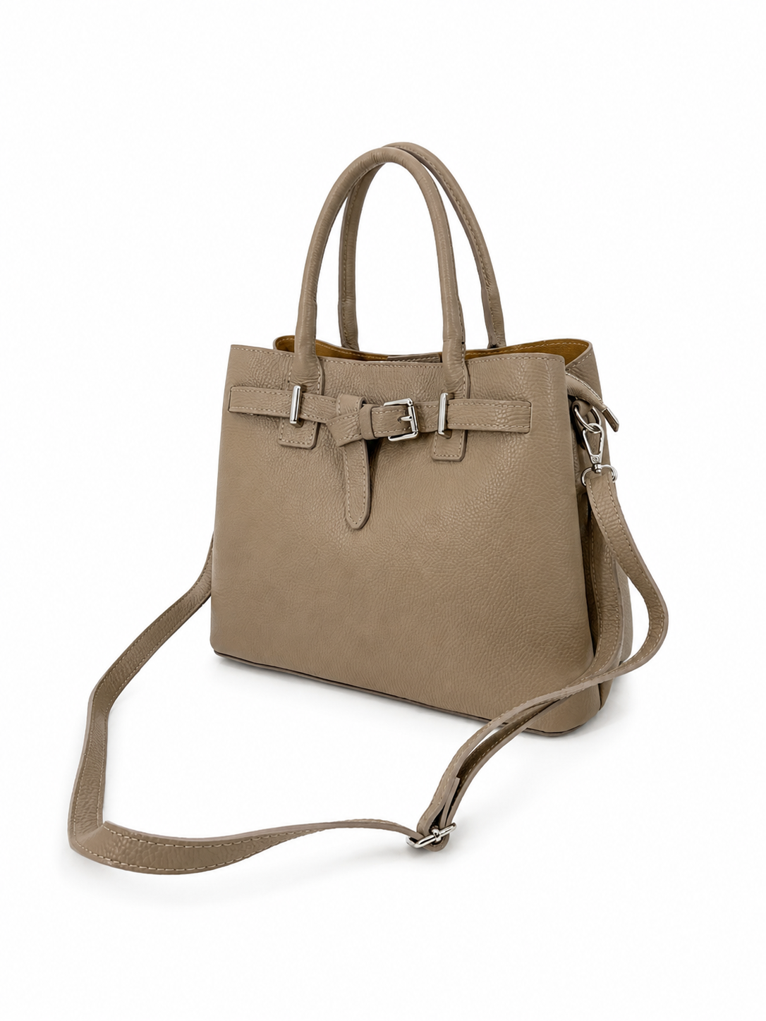 Elegant Genuine Leather Handbag Taupe with Shoulder Strap
